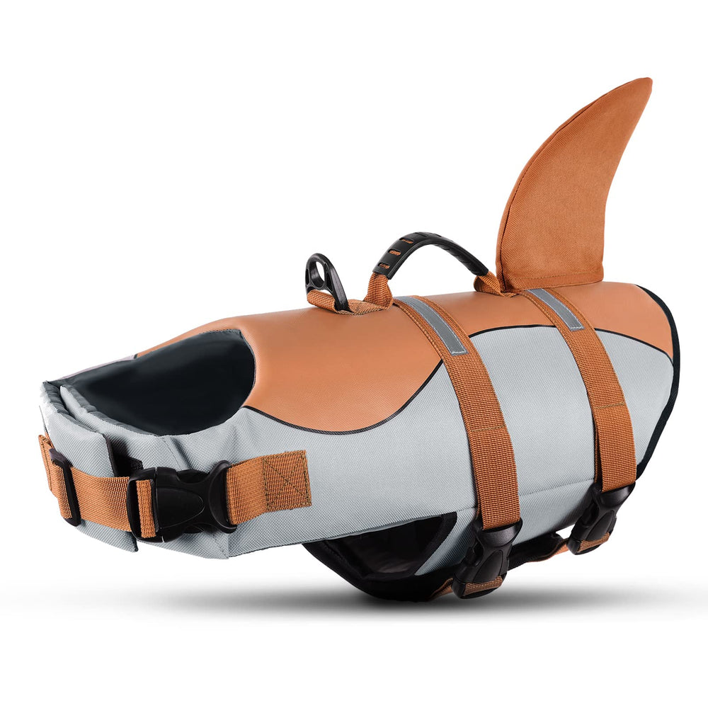 Queenmore dog life jacket with brown shark fin provides buoyant support for safe swimming.