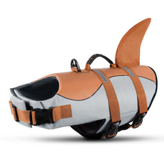 Queenmore dog life jacket with brown shark fin provides buoyant support for safe swimming.
