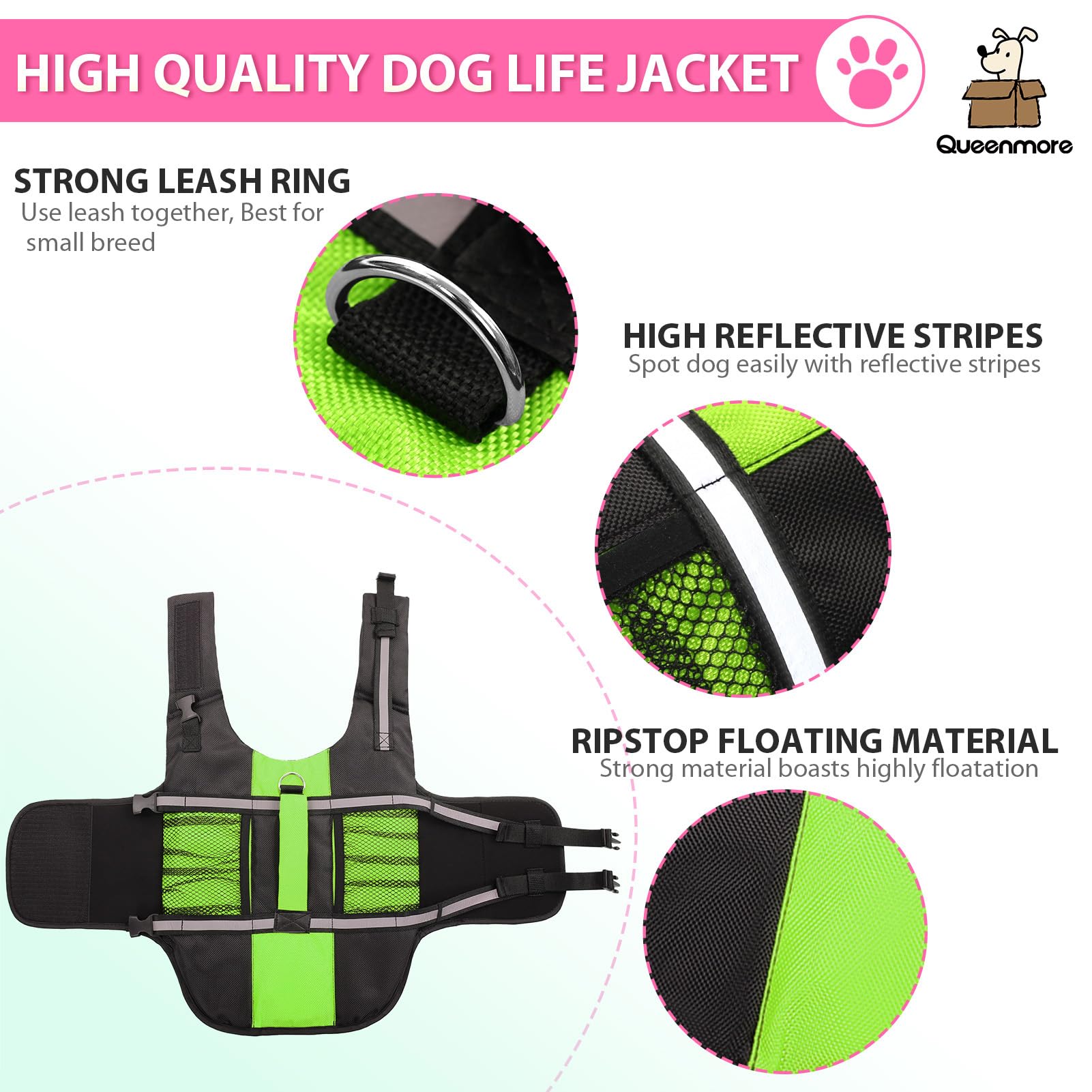 Queenmore life jacket buckle closeup highlights easy put-on with secure closures.