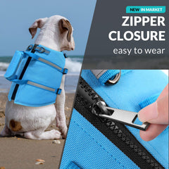 Queenmore dog life jacket blue back-zip design aids easy on/off for pets