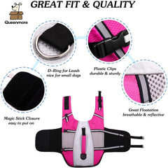 Queenmore dog life jacket pink back view shows reflective straps for visibility