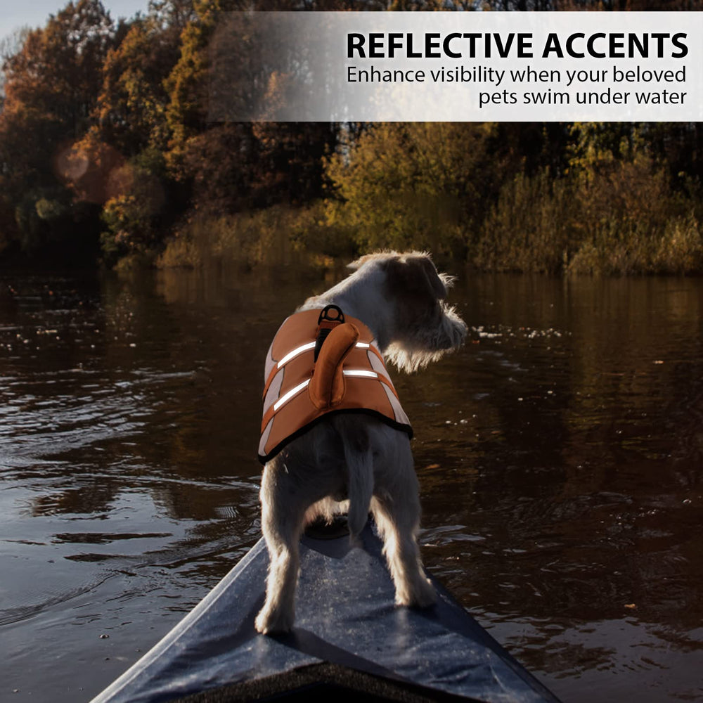 Queenmore dog life jacket features reflective straps for visibility at dusk.