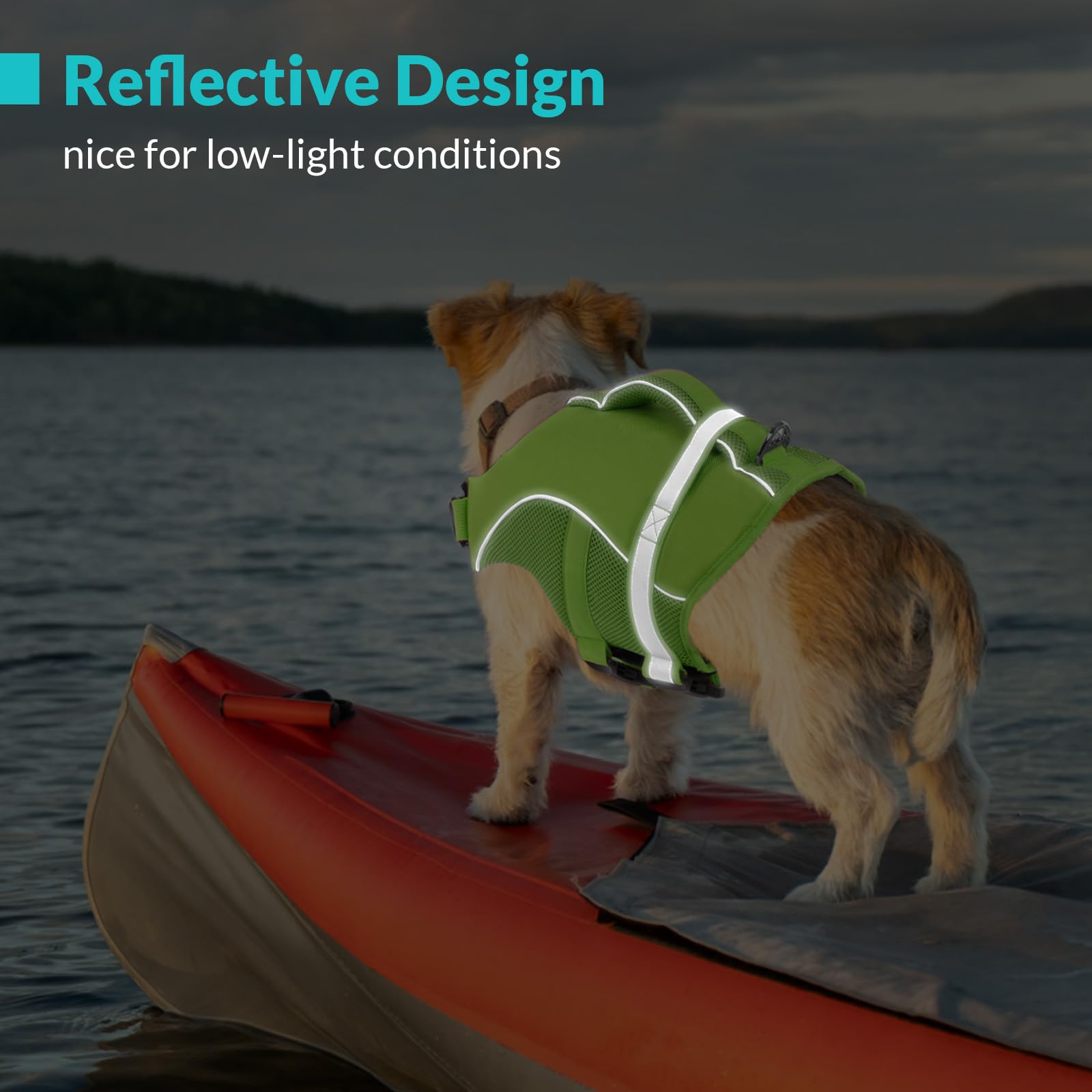 Queenmore life jacket shows reflective stripes for better visibility in low light.