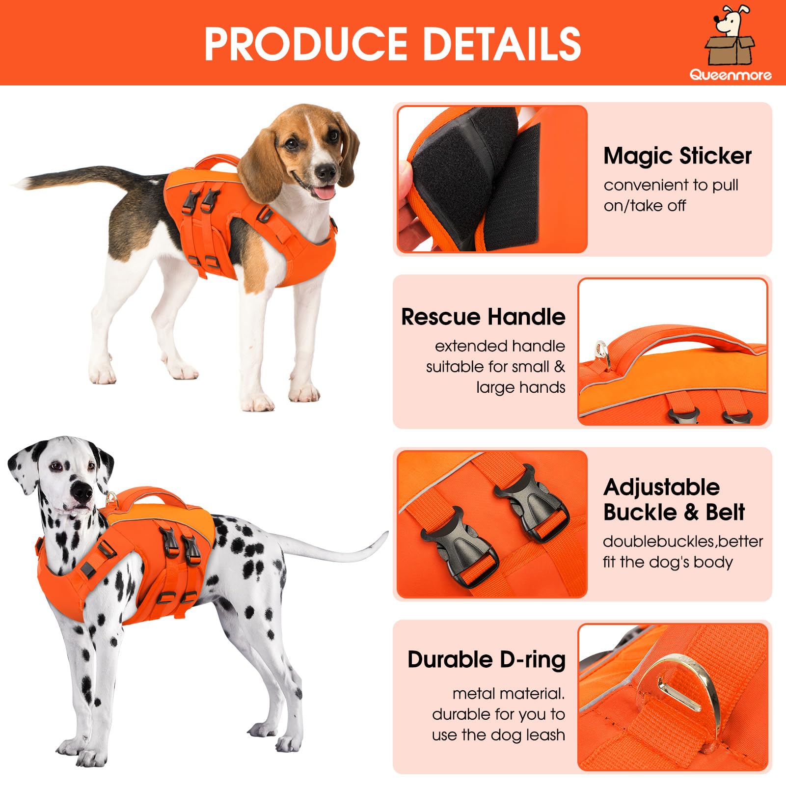 Queenmore dog life vest adjustable nylon straps for secure fit