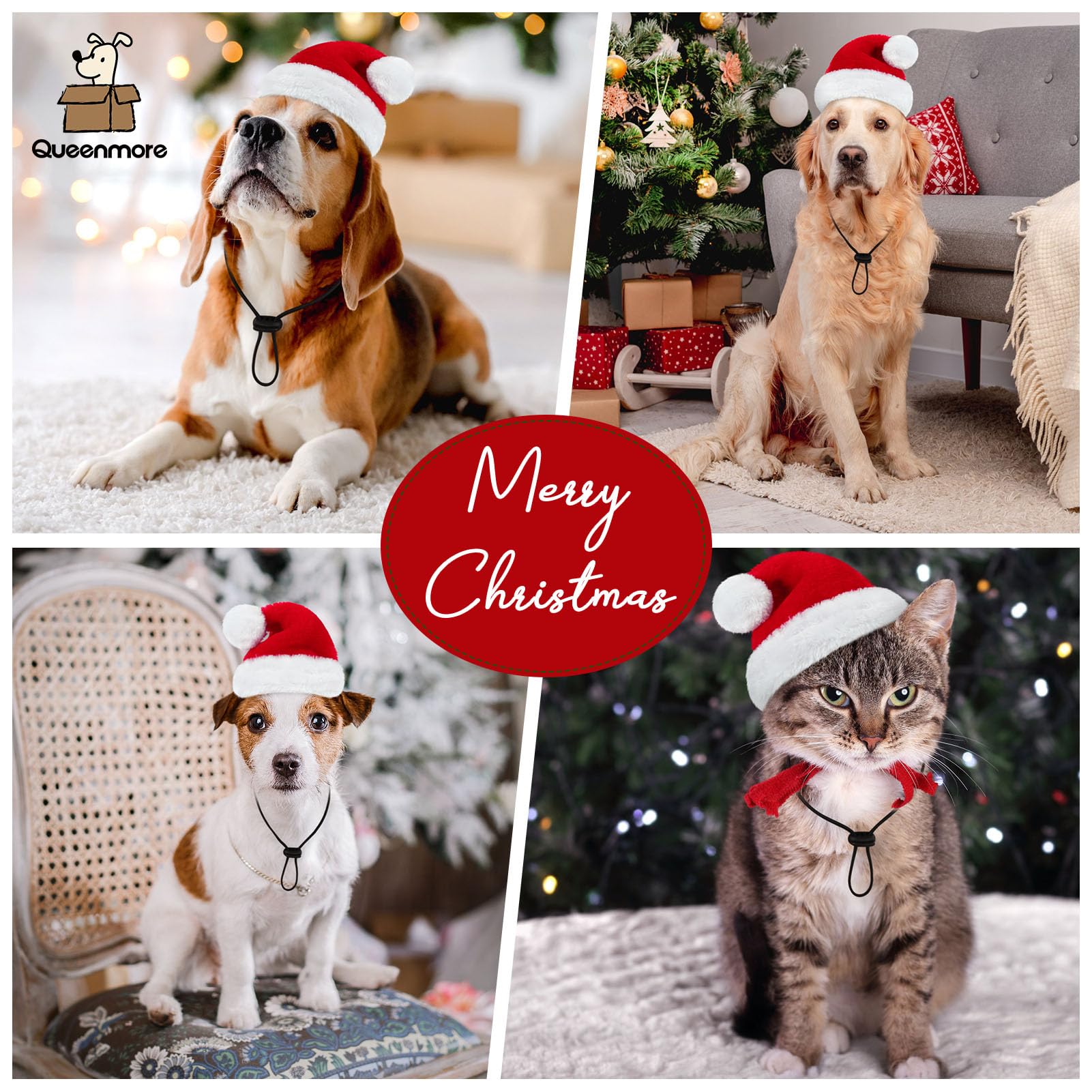 Queenmore Dog Santa Hat adjustable band ensures secure fit on medium to large dogs.
