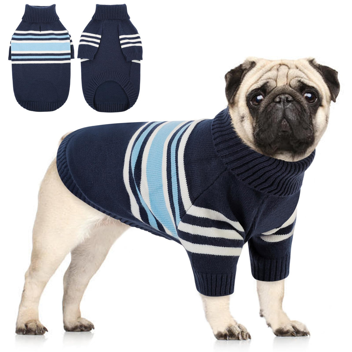 Queenmore dog striped knitted sweater navy blue closeup highlighting cozy warmth