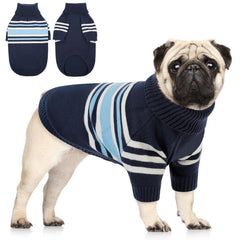 Queenmore dog striped knitted sweater navy blue closeup highlighting cozy warmth