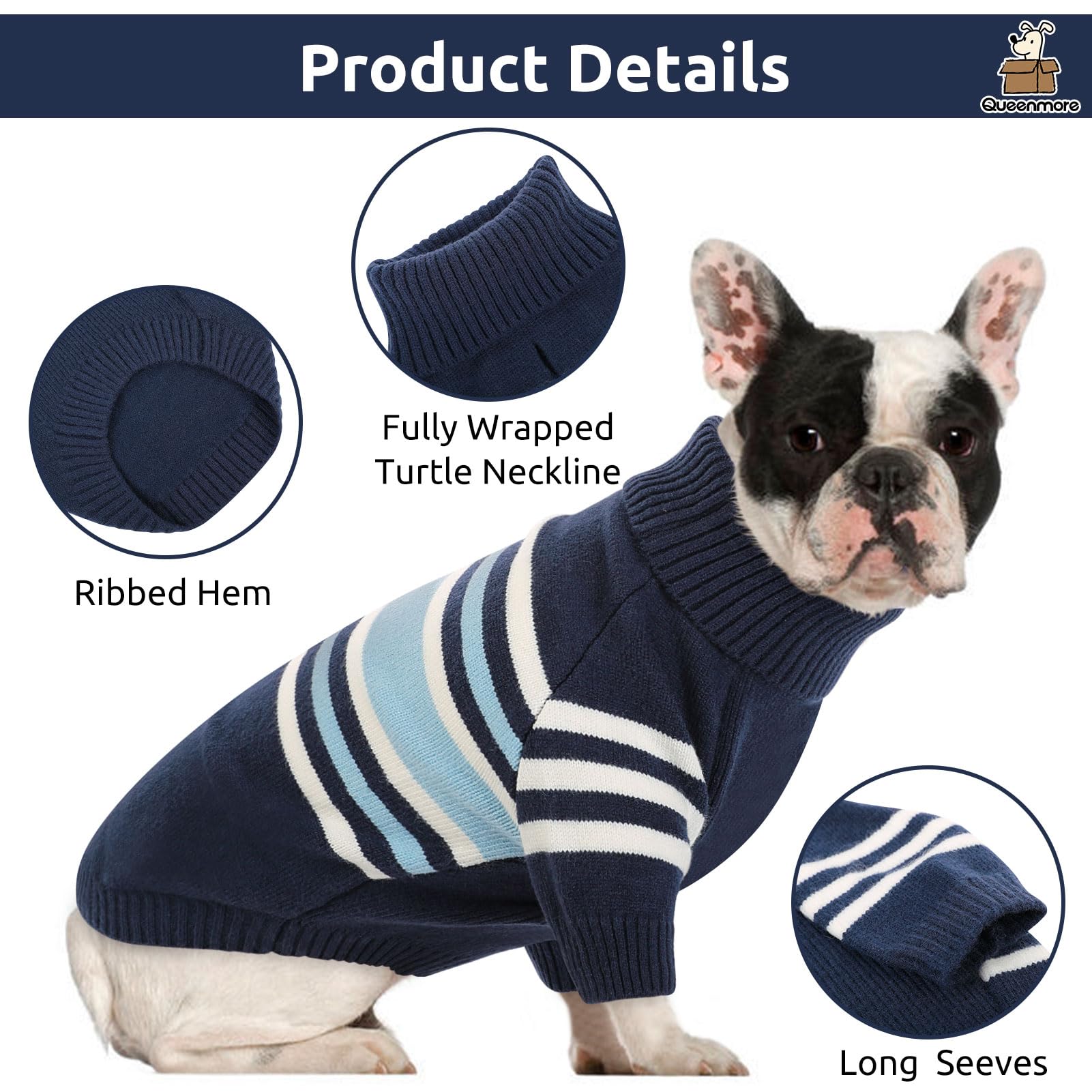 Queenmore dog striped knitted sweater navy blue on dog shows easy pullover fit