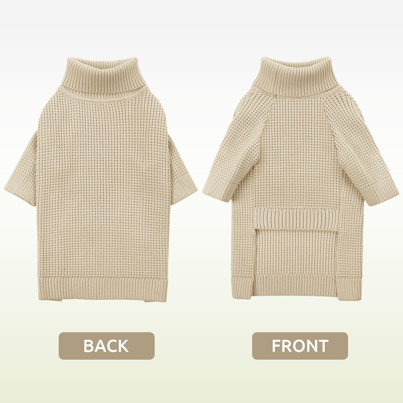 Queenmore dog sweater on model demonstrates easy-on, belly-friendly cut for potty breaks