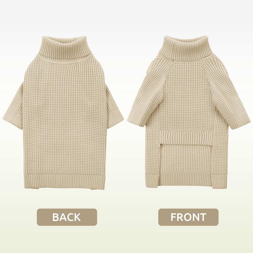 Queenmore dog sweater on model demonstrates easy-on, belly-friendly cut for potty breaks