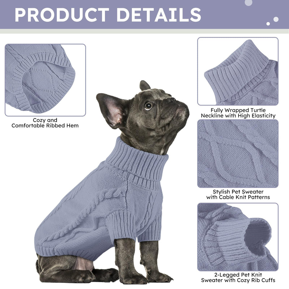 Queenmore dog sweater cable knit blueish grey provides snug fit in cold weather.