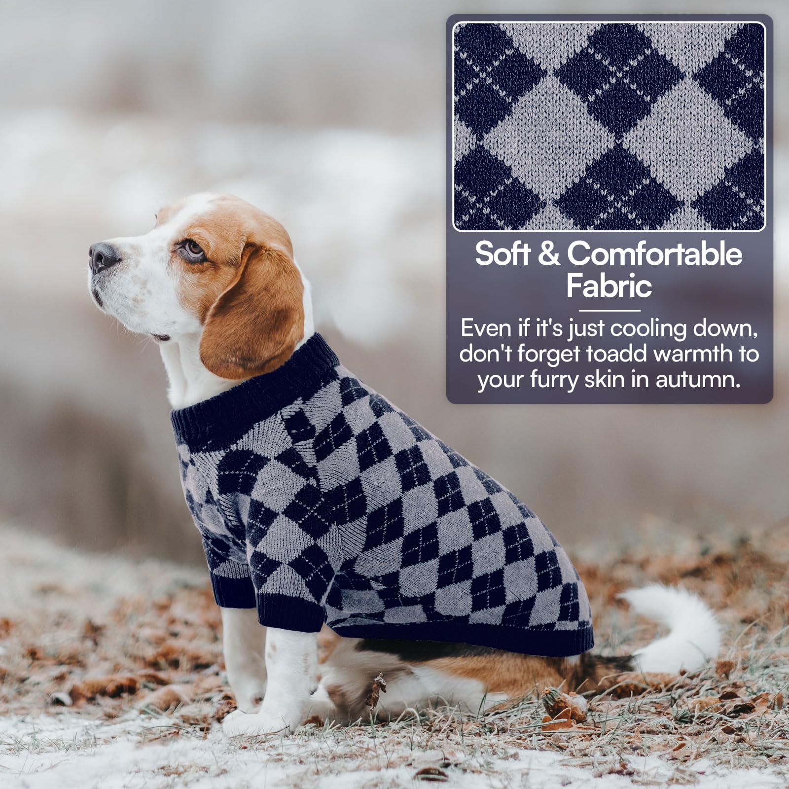 Queenmore dog sweater diamond plaid pattern adds stylish winter flair.
