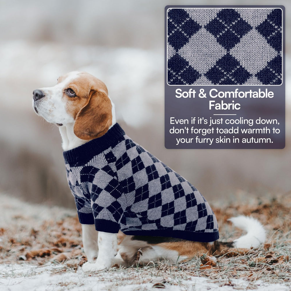Queenmore dog sweater diamond plaid pattern adds stylish winter flair.
