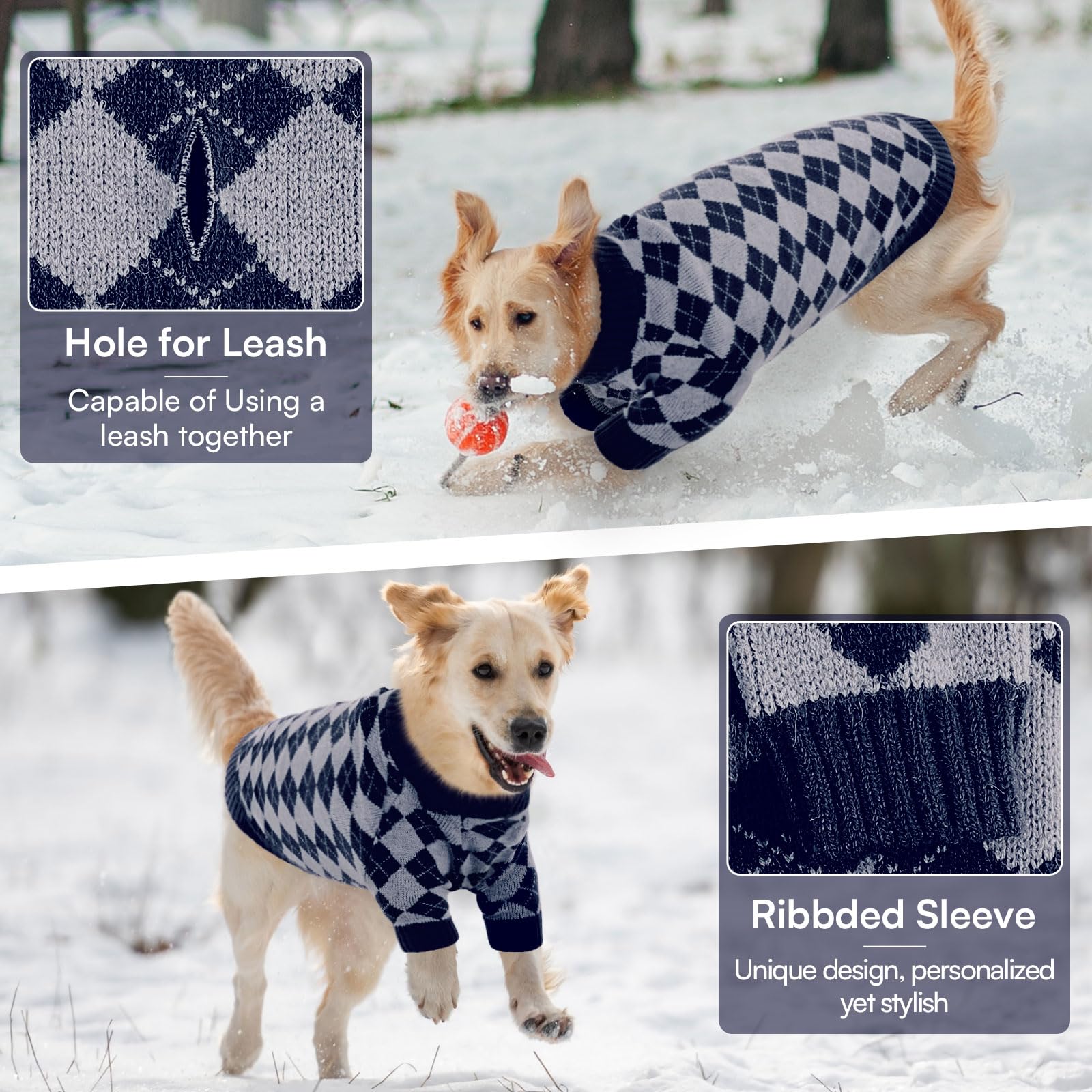 Queenmore dog sweater elastic neckline eases on/off for wriggly pups.
