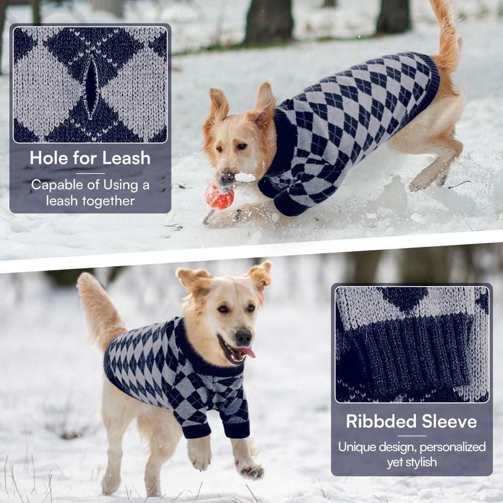 Queenmore dog sweater elastic neckline eases on/off for wriggly pups.