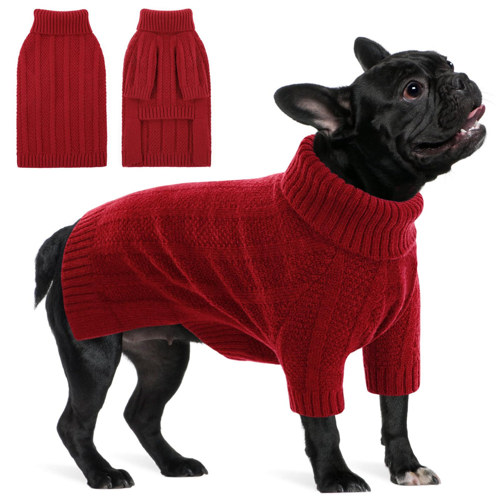 Queenmore dog sweater red knit closeup shows cozy warmth.