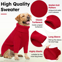 Queenmore dog sweater with red turtleneck adds festive style for holidays.