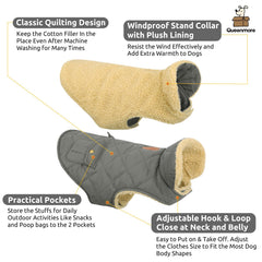 Queenmore dog winter coat back pocket detail for snacks and leash storage.