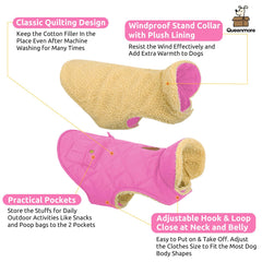 Queenmore dog winter coat back pocket open for snacks or bags.