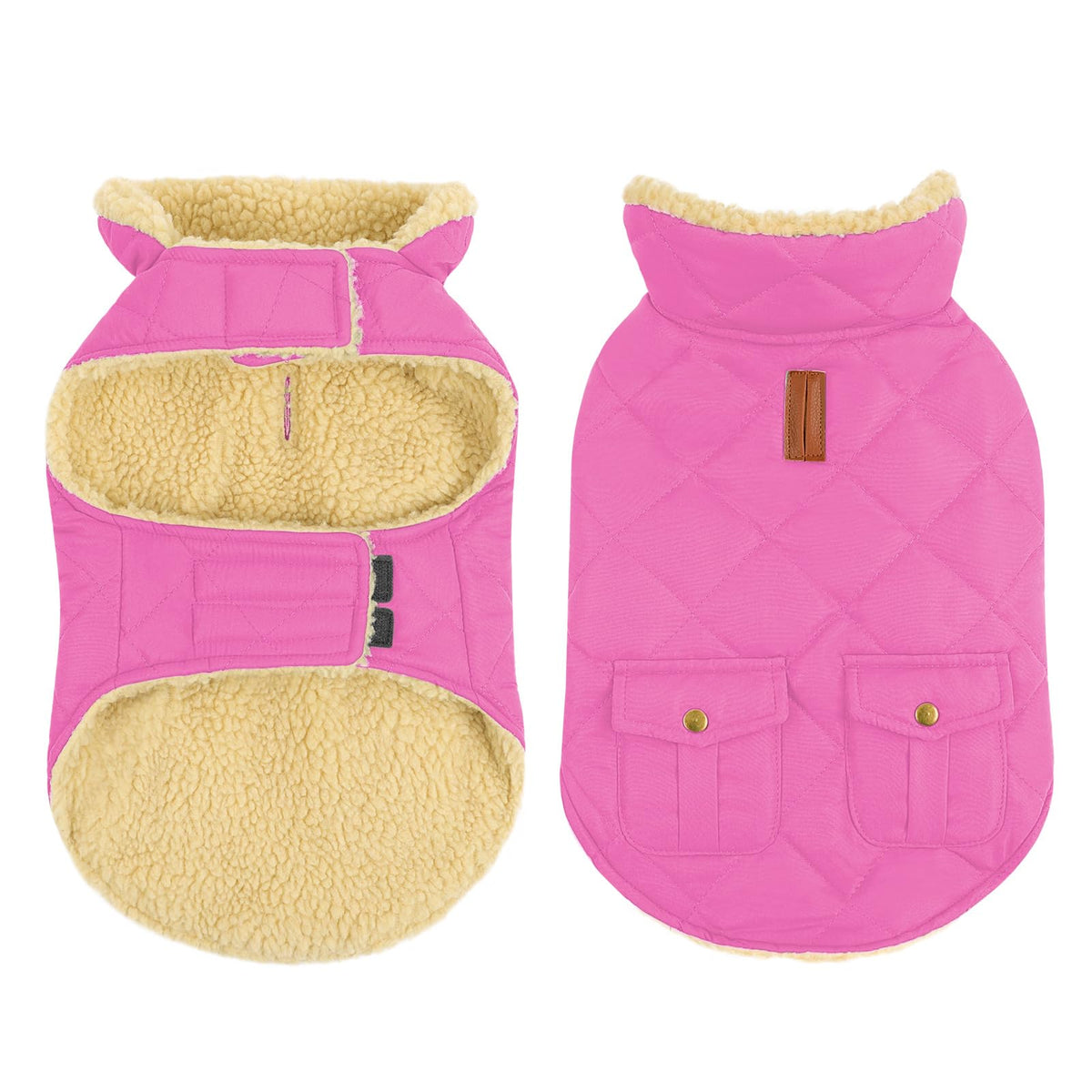 Queenmore dog winter coat front view in pink showing snug fit and warmth.