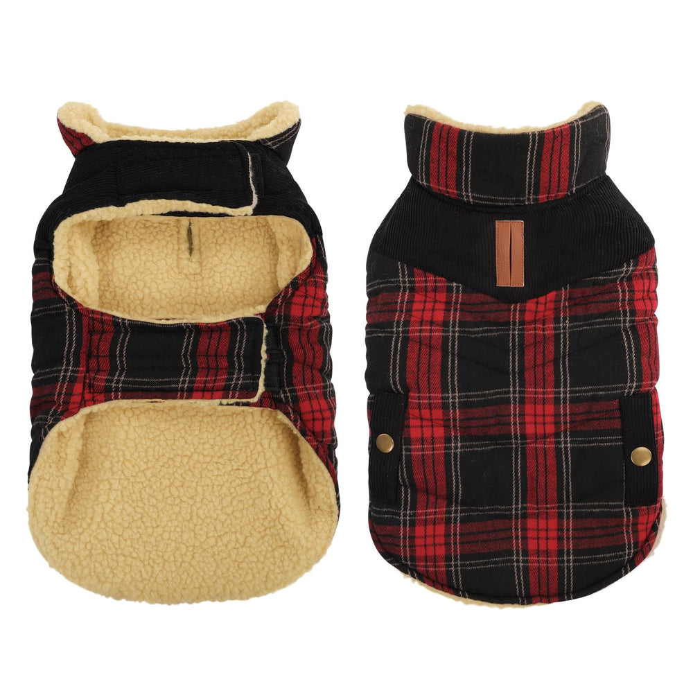 Queenmore dog winter coat front view shows plaid styling and cozy warmth for cold walks