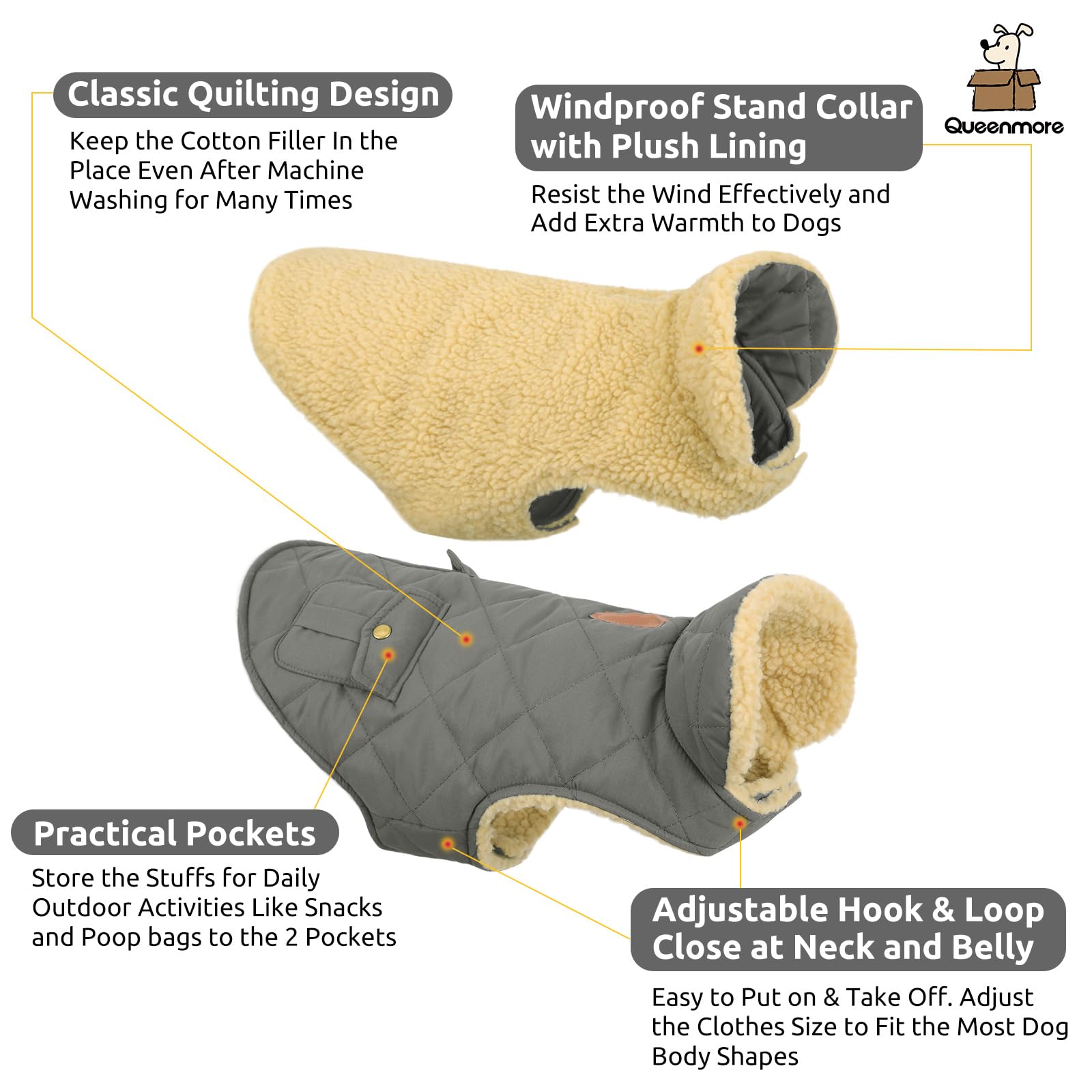 Queenmore dog winter coat grey back pocket view highlighting storage for snacks
