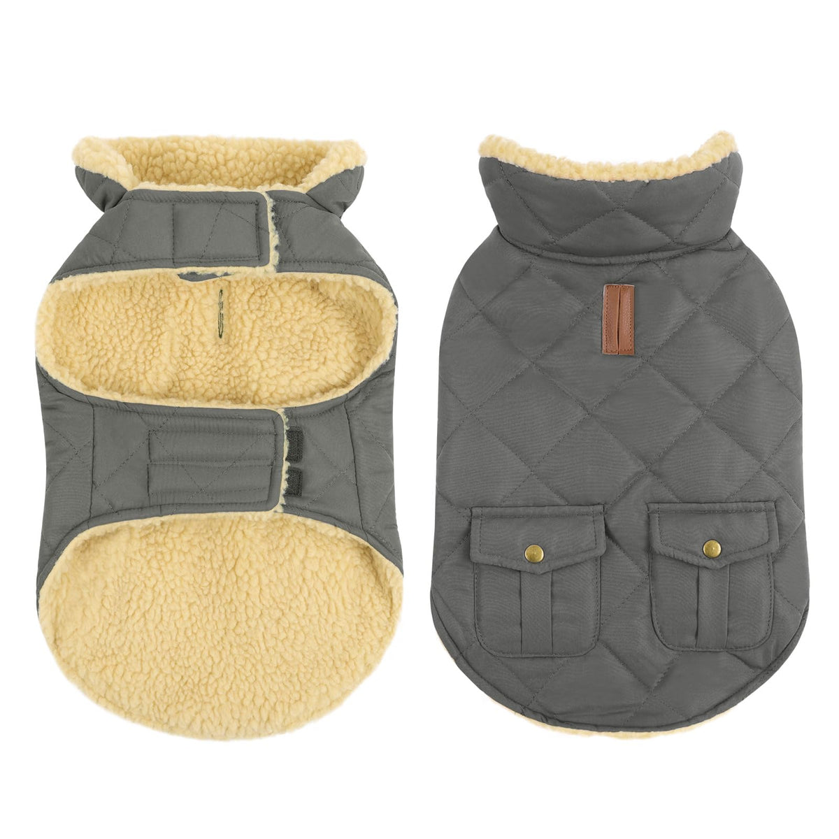 Queenmore dog winter coat grey front view shows warm padding and fabric texture