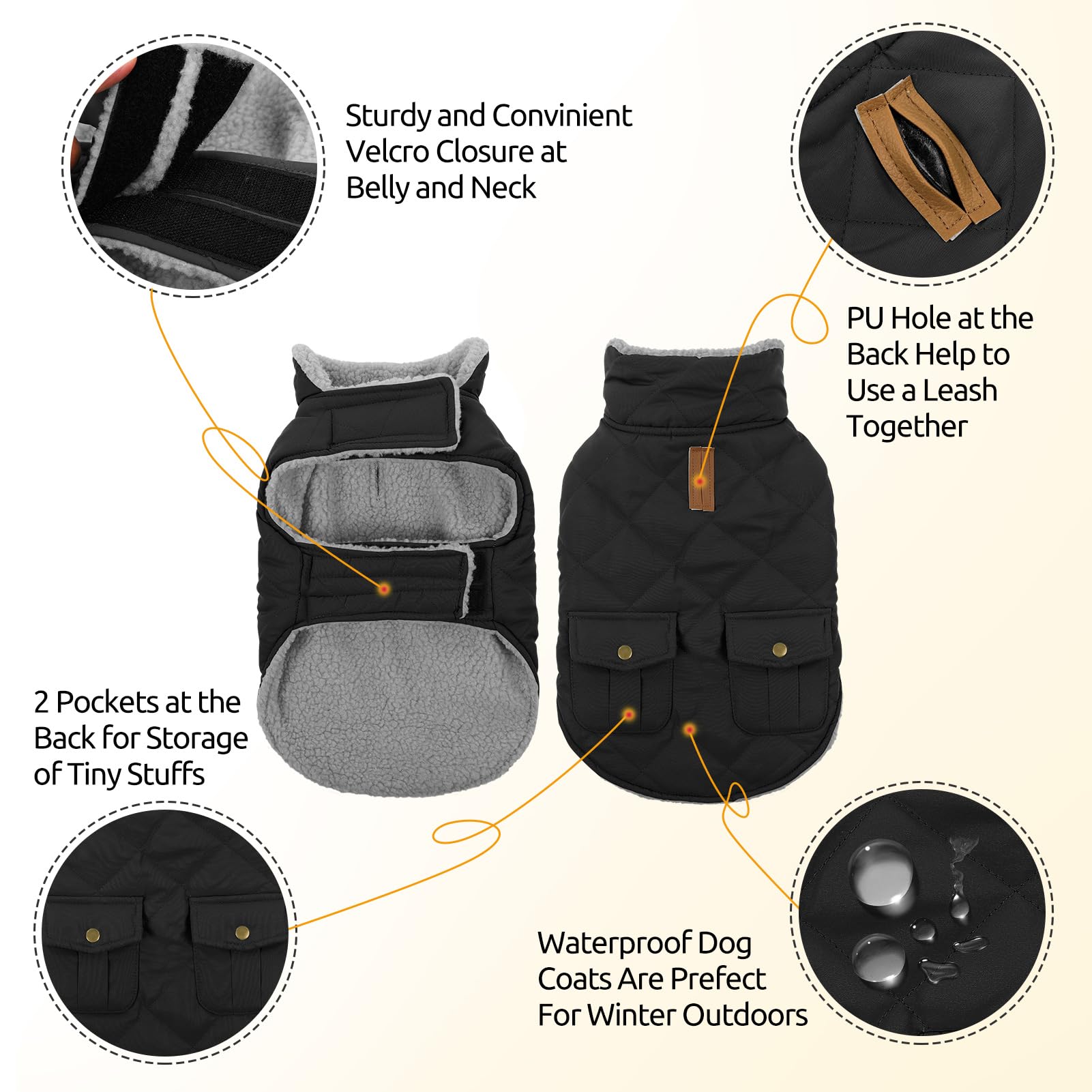 Queenmore dog winter coat leash hole back demonstrates leash compatibility