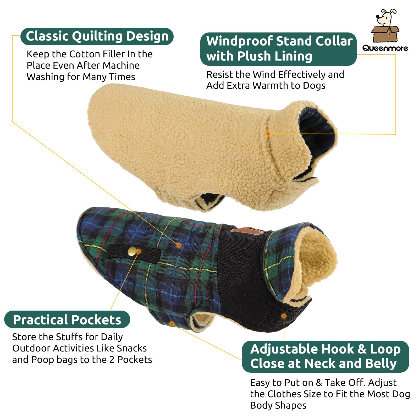 Queenmore dog winter coat leash hole detail enables hands-free control on walks.