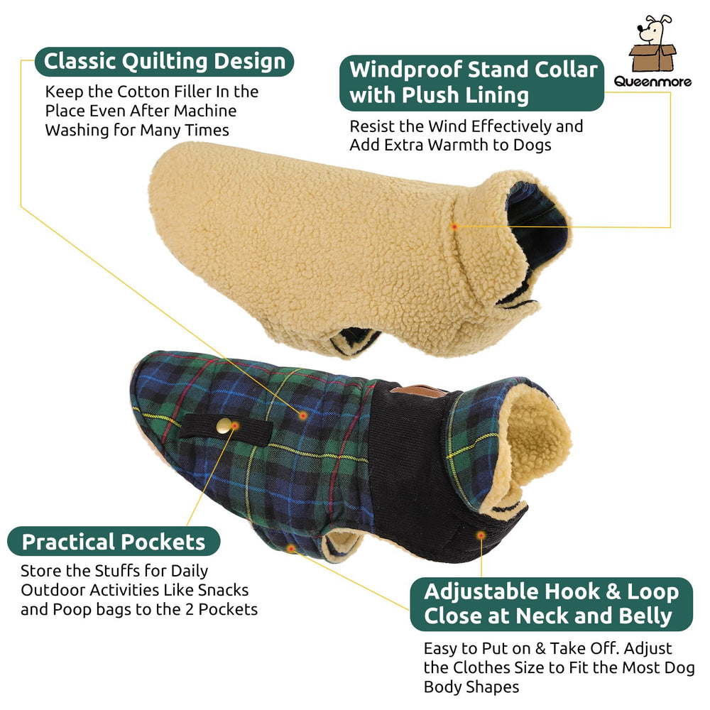 Queenmore dog winter coat leash hole detail enables hands-free control on walks.