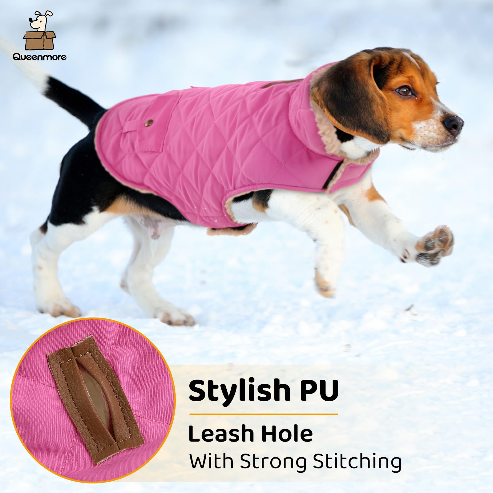 Queenmore dog winter coat pink medium collar down with plush lining visible