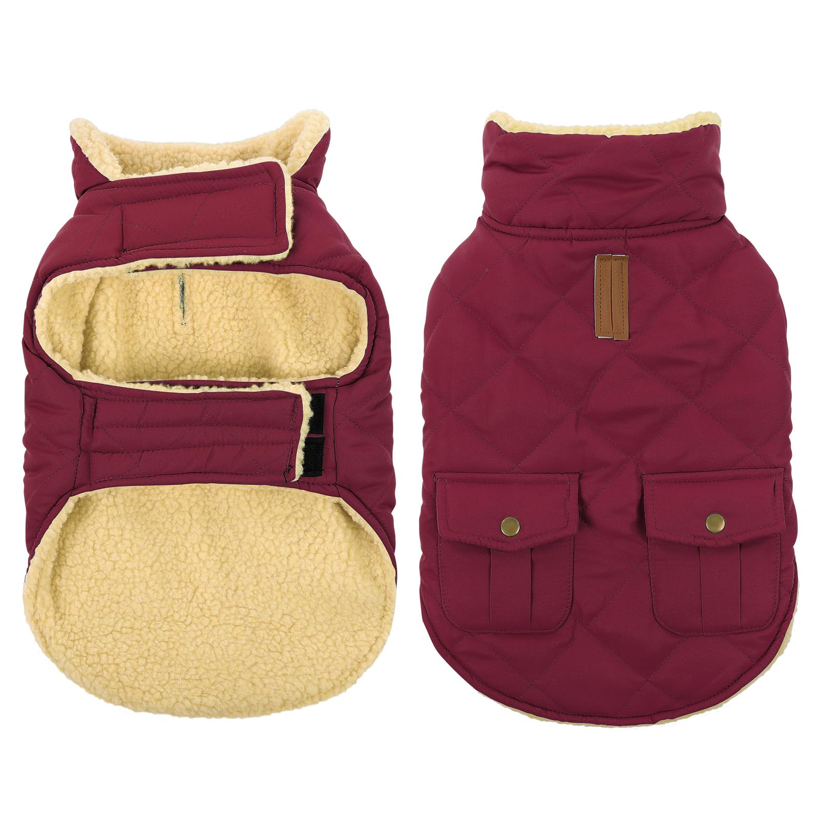 Queenmore dog winter coat side view shows puffer warmth for cold outings.