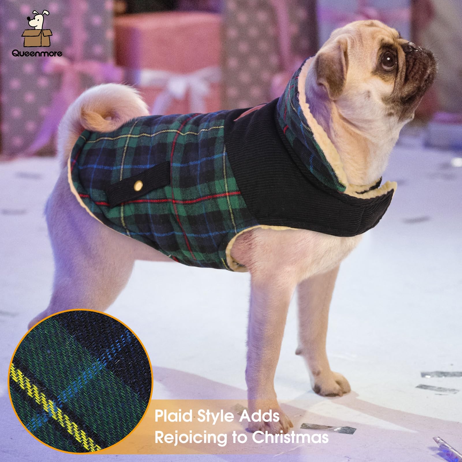 Queenmore size chart image clarifies XS to XL options for small and medium dogs.