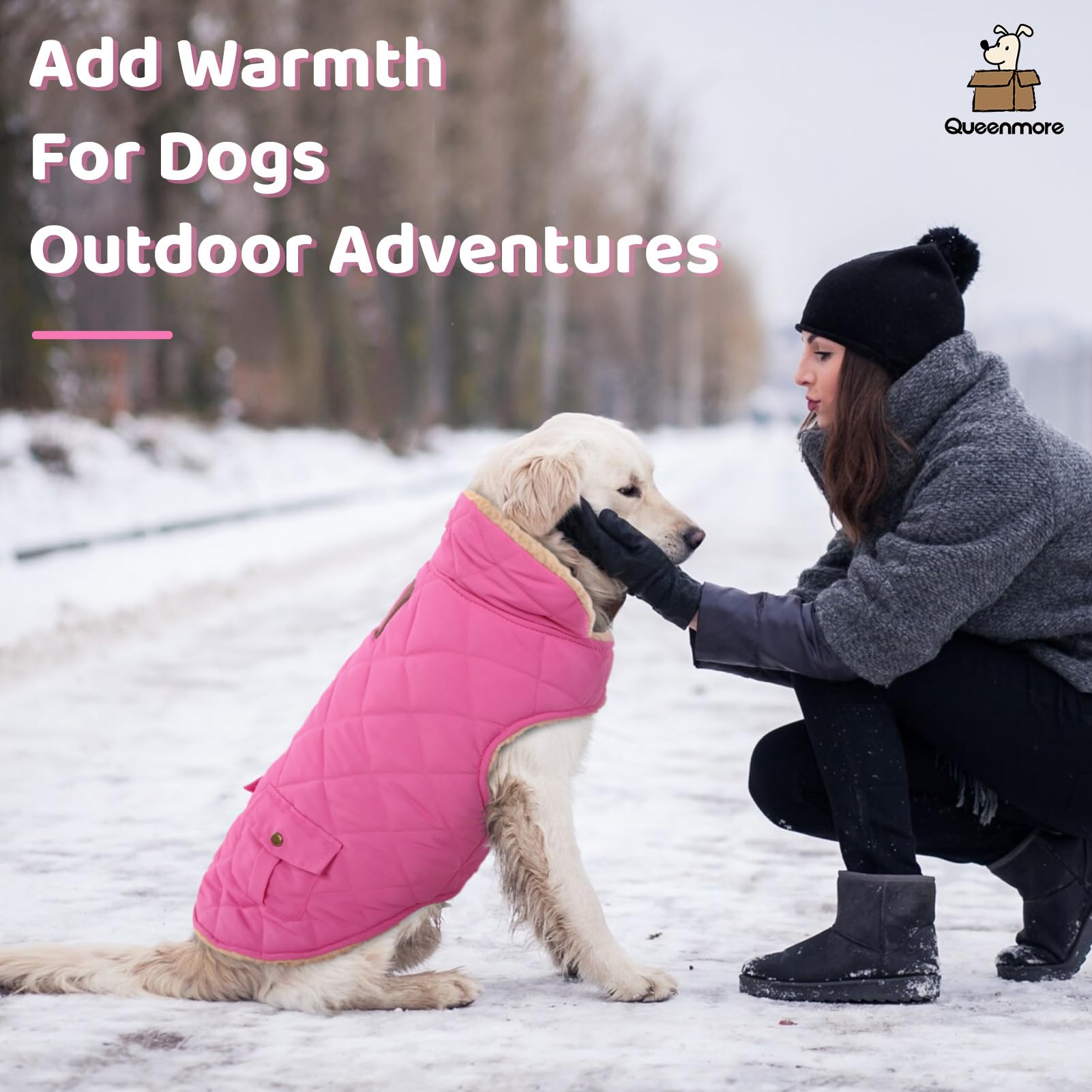Queenmore dog winter coat thick padding provides warmth on cold days.