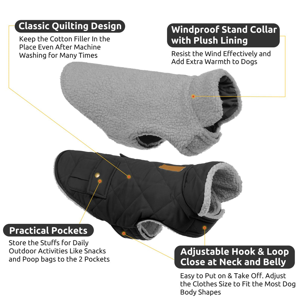 Queenmore dog winter coat waterproof plush lining provides dry warmth in wet weather.