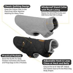 Queenmore dog winter coat waterproof plush lining provides dry warmth in wet weather.