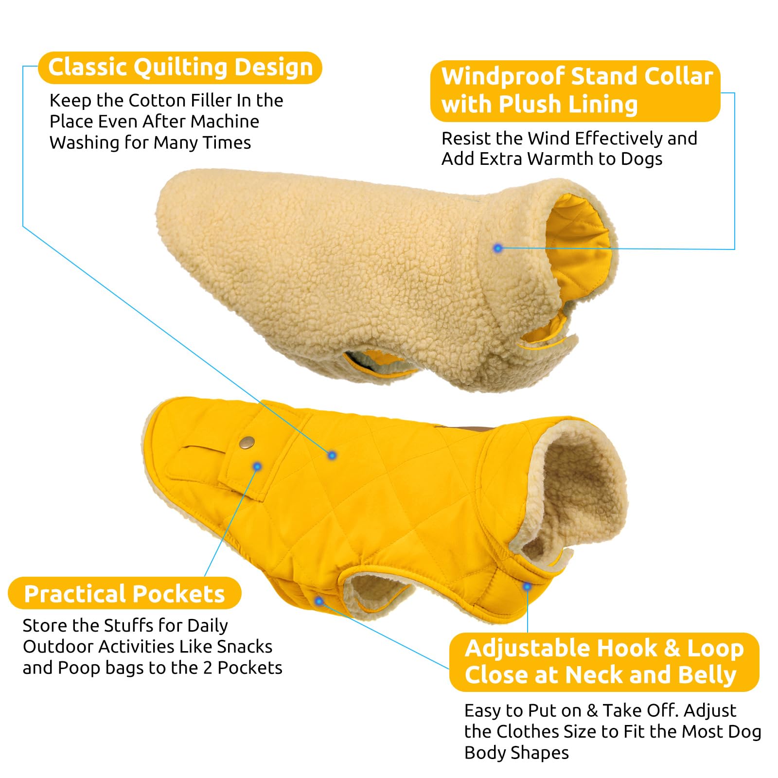 Queenmore dog winter coat yellow back view with stylish pockets for treats.