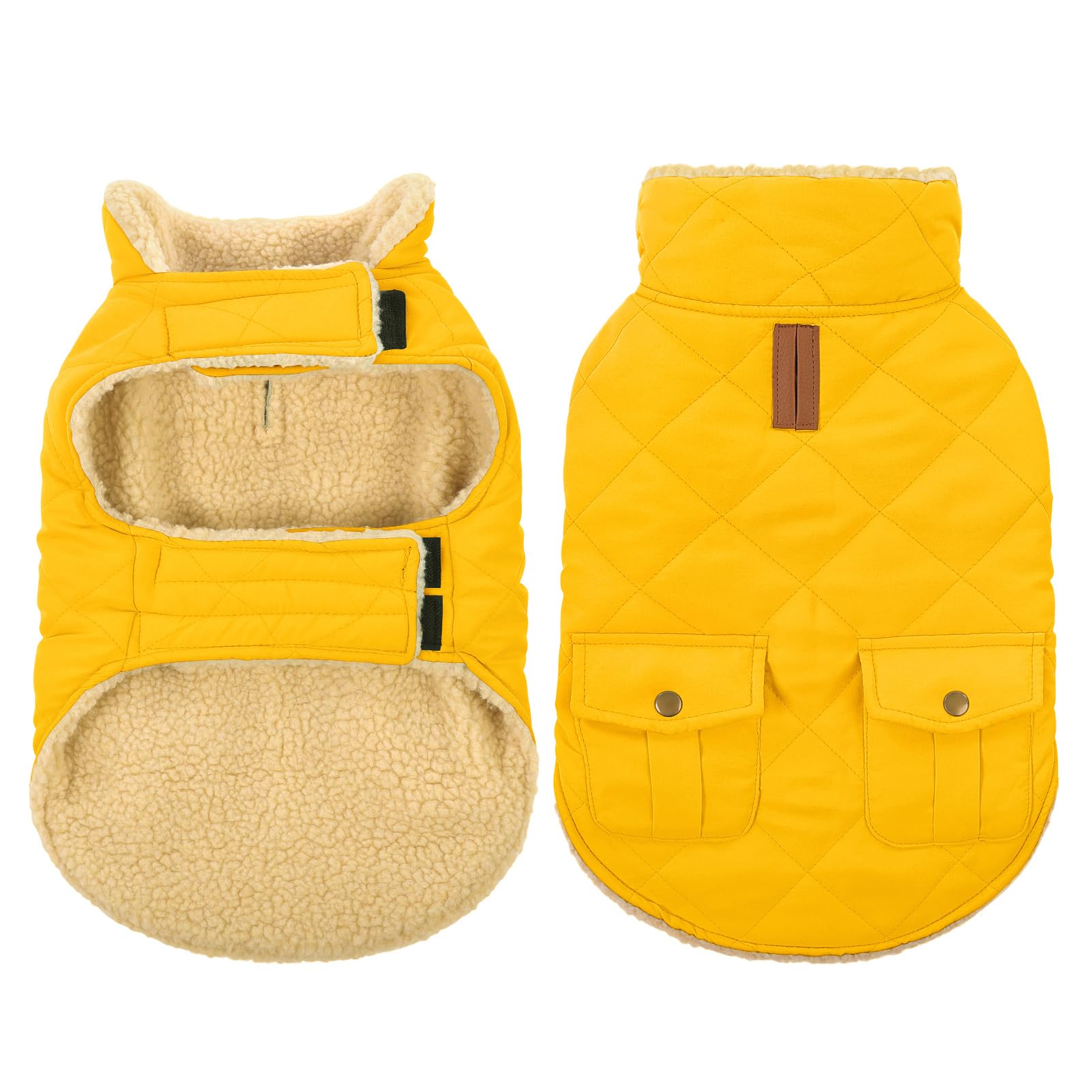 Queenmore dog winter coat yellow front view for easy wear and warmth.