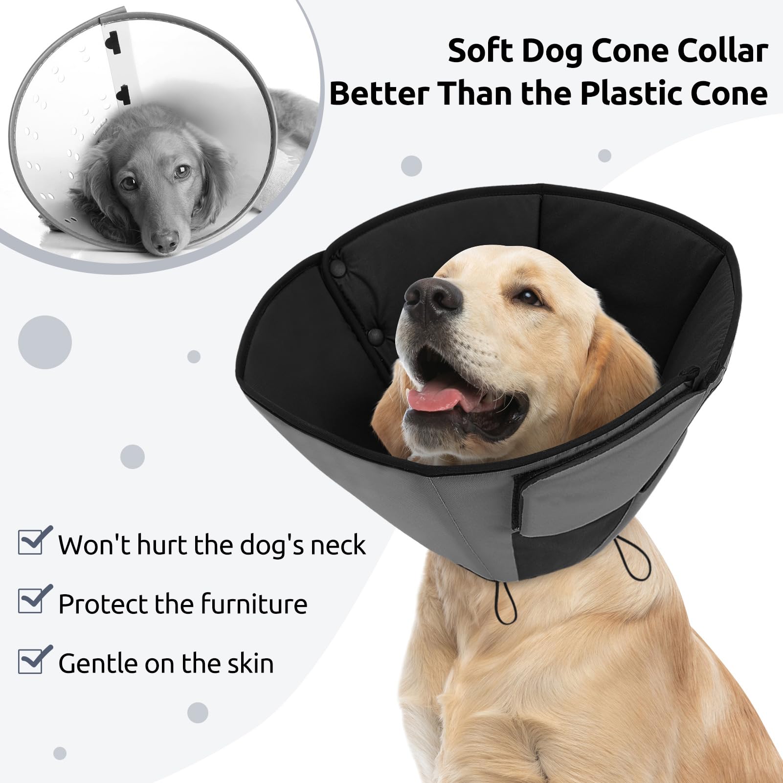 Queenmore grey dog cone closeup highlights soft fabric and fit.