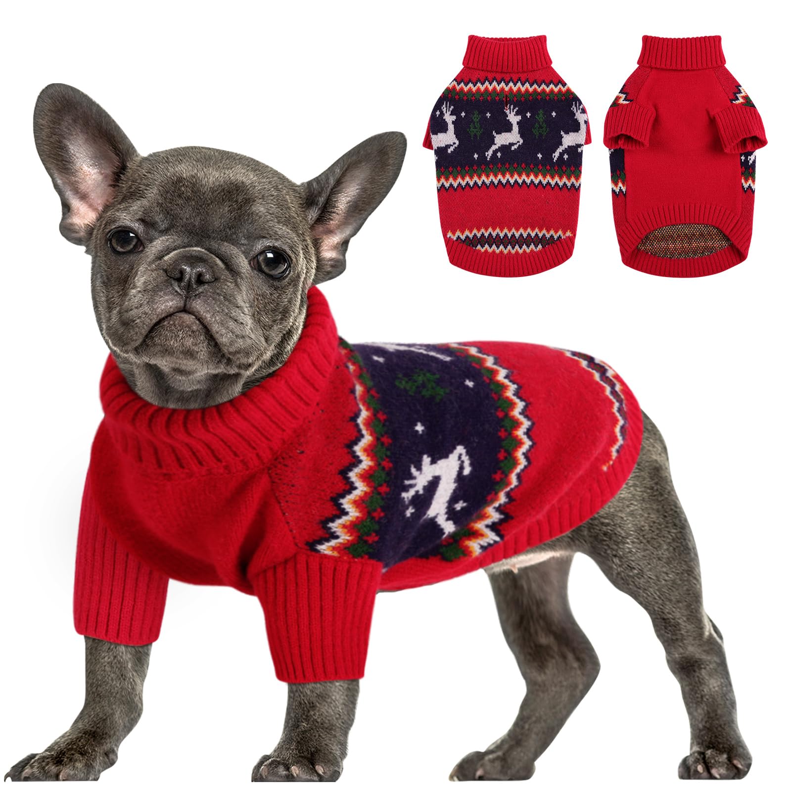 Queenmore knitted pullover Christmas sweater with reindeer pattern on small dog for festive warmth.