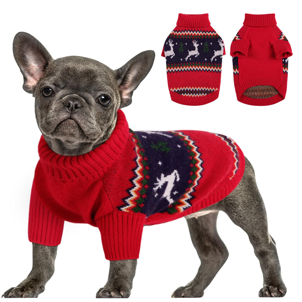 Queenmore knitted pullover Christmas sweater with reindeer pattern on small dog for festive warmth.