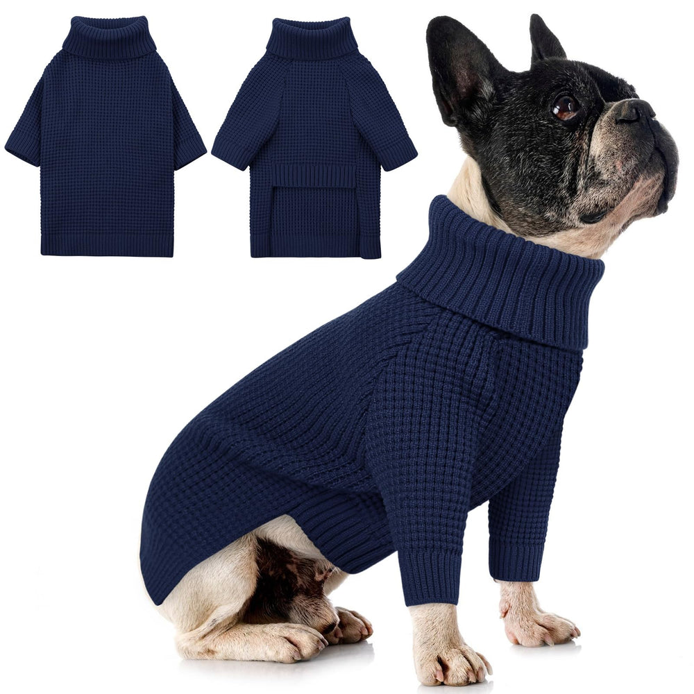 Queenmore navy blue dog turtleneck sweater closeup emphasizes soft knit warmth
