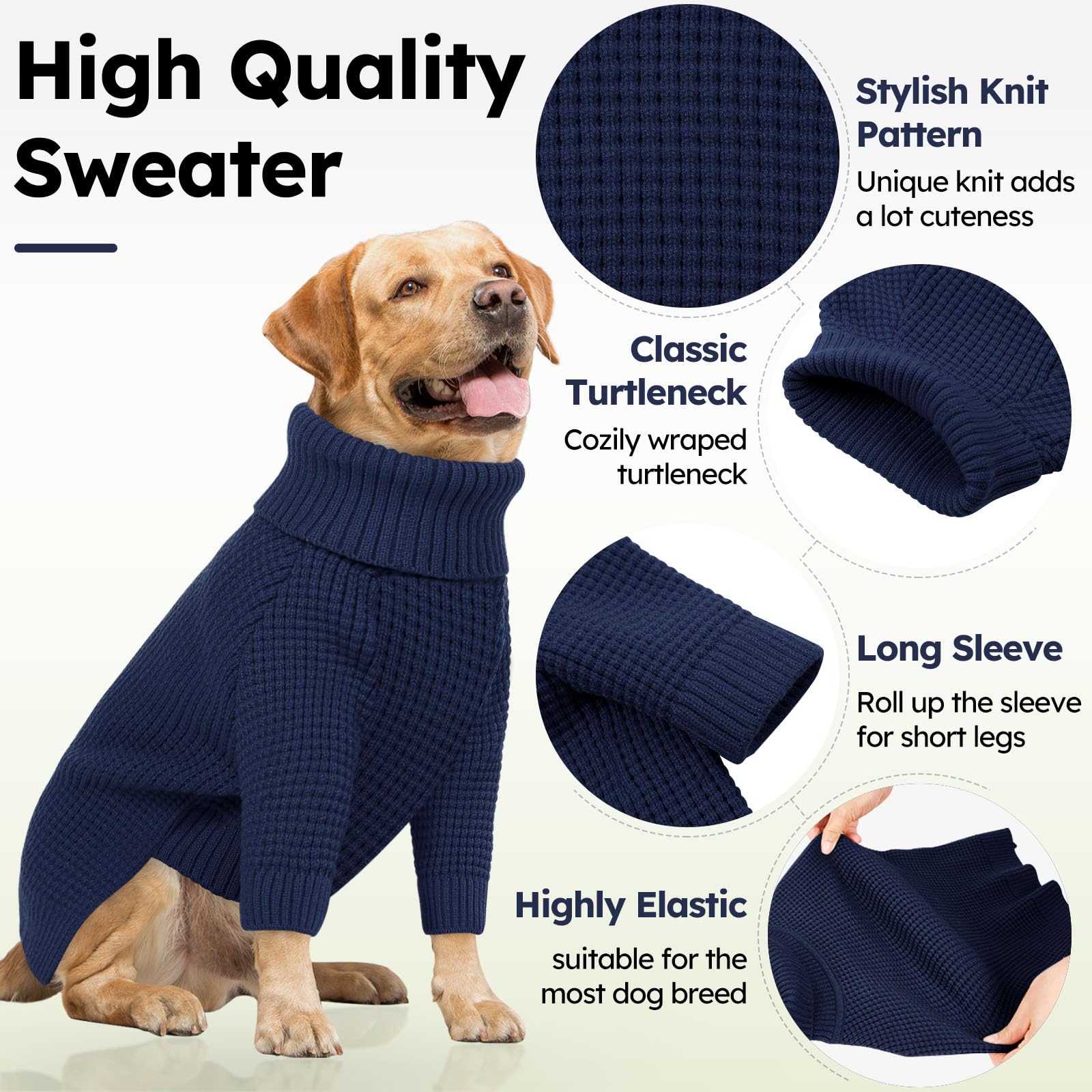 Queenmore navy blue dog turtleneck sweater on dog demonstrates comfortable coverage