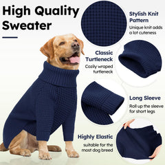 Queenmore navy blue dog turtleneck sweater on dog demonstrates comfortable coverage