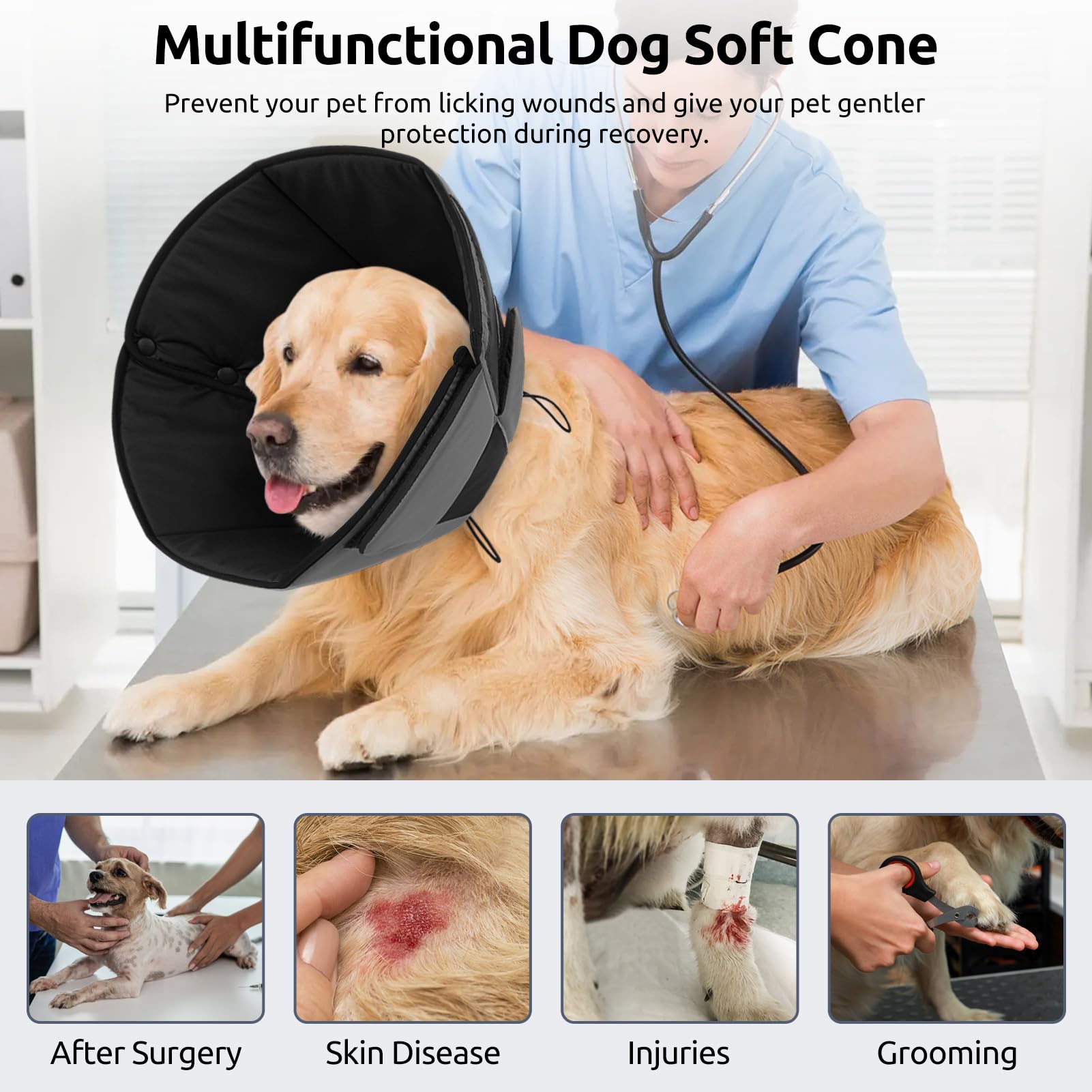Queenmore post-surgery dog cone protects wounds with soft design.