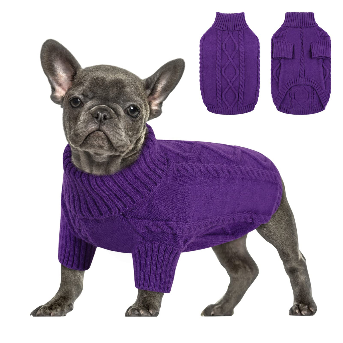 Queenmore pullover sweater purple medium front view shows cozy warmth for small dogs