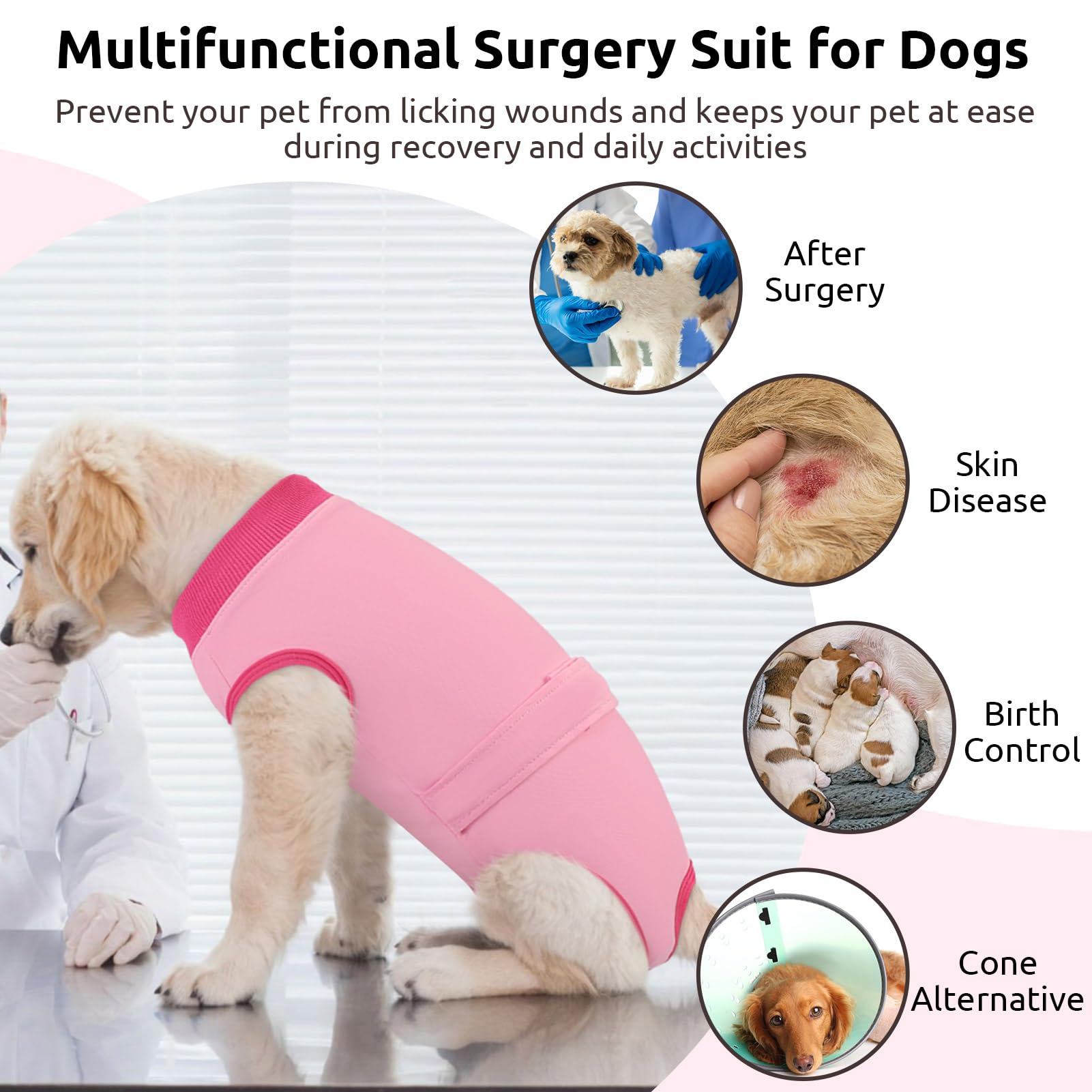 Queenmore dog recovery suit highlights ribbed edging for secure snug fit