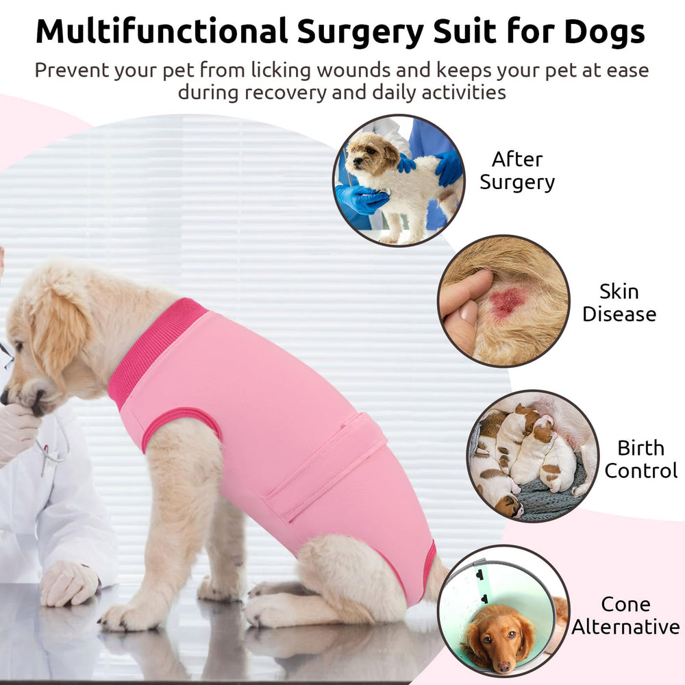 Queenmore dog recovery suit highlights ribbed edging for secure snug fit