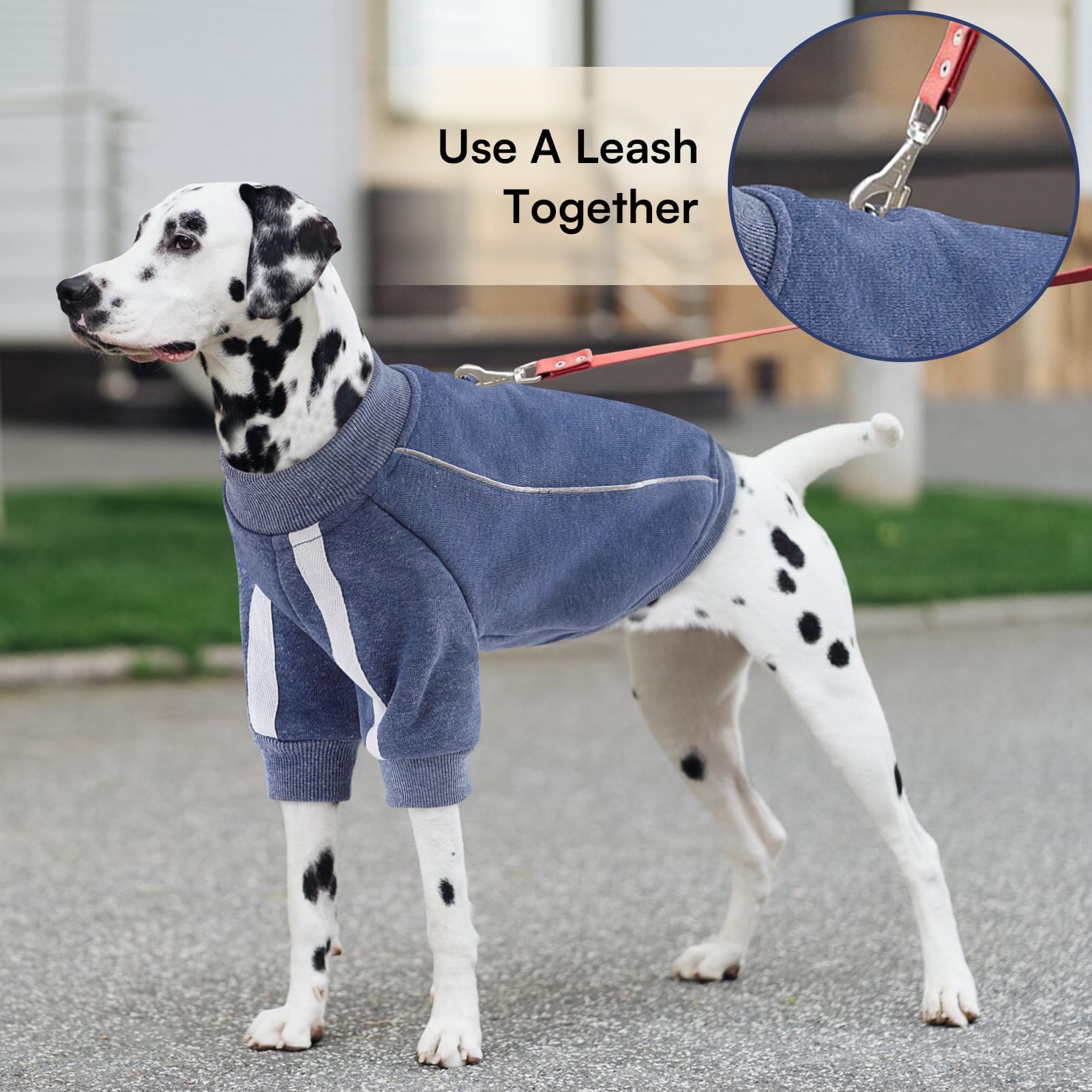 Queenmore reflective stripes on blue sweater improve evening visibility during strolls