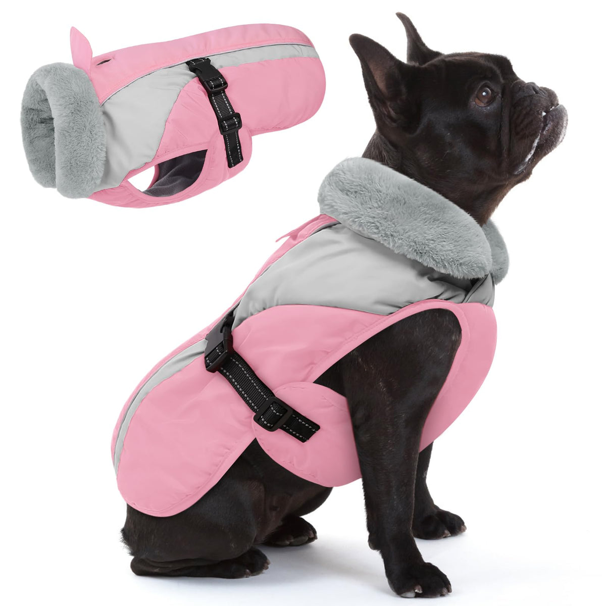 Queenmore small dog coat pink front view with warm fleece for cold walks.